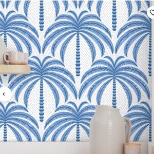NWT SPOONFLOWER Wallpaper Pre Pasted 3 Rolls Palm Spring Palm Trees Blue White